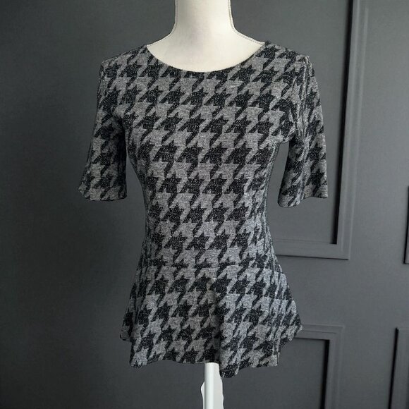 THEORY Black Gray Houndstooth Peplum Stretch Top Size Medium - Picture 1 of 8